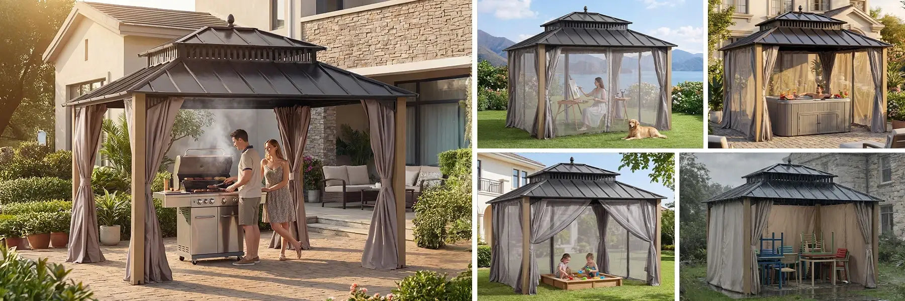 SUNJOY Kingston 12x10 Gazebo with Netting & Curtain | Steel Roof with Extra-Tall & Oversized Vent Top - Ceadr Wood Posts 