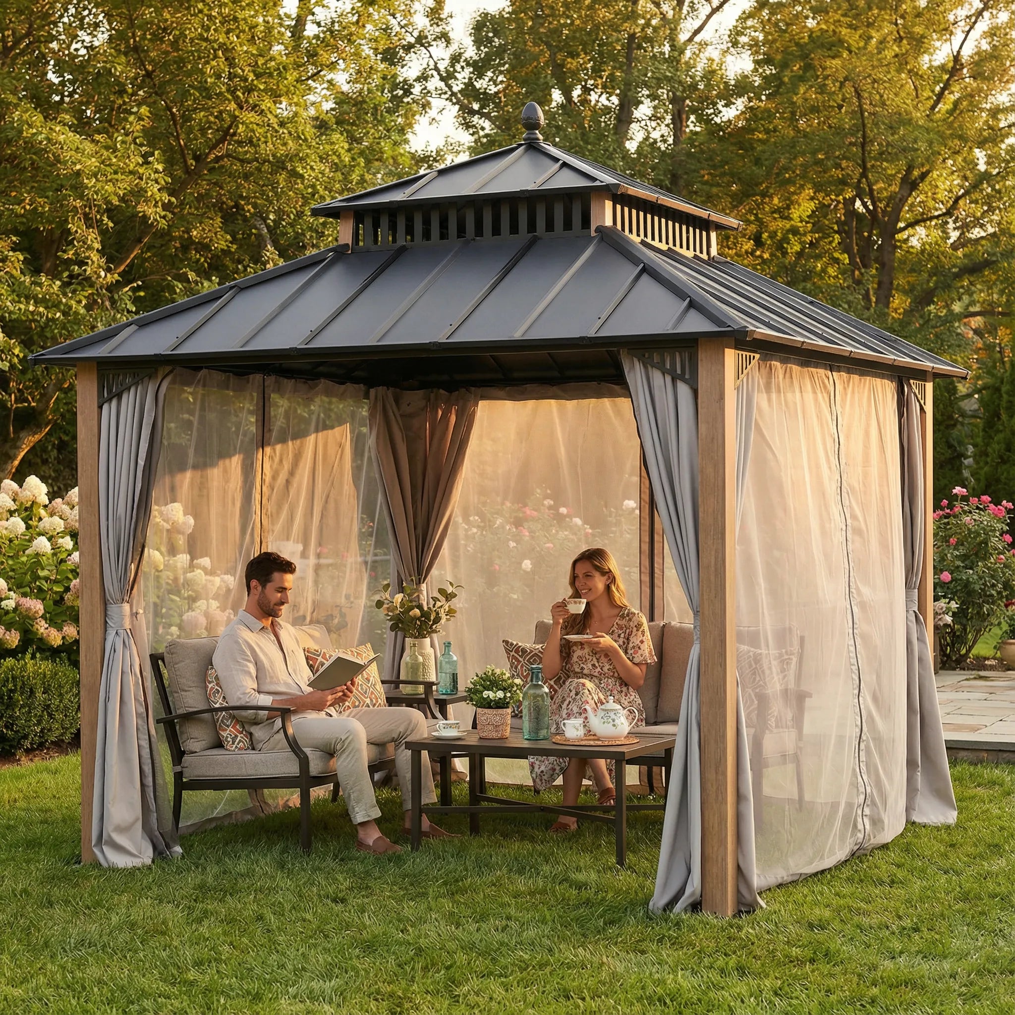 SUNJOY Kingston 10x10 Gazebo with Netting & Curtain | Steel Roof with Extra-Tall & Oversized Vent Top - Woodgrain Aluminum Posts