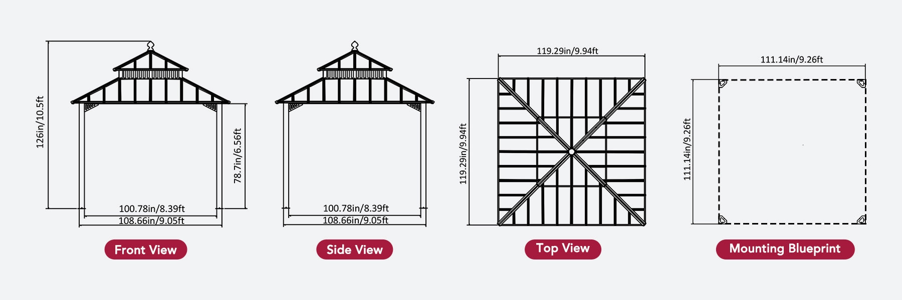 SUNJOY Kingston 10x10 Gazebo with Netting & Curtain | Steel Roof - Woodgrain Aluminum Posts