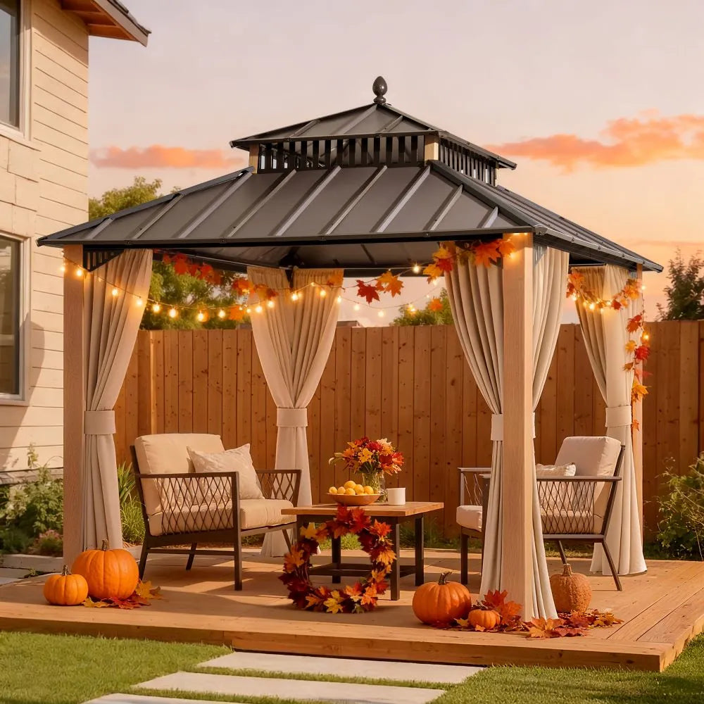 Outdoor gazebo with fall decorations on a patio