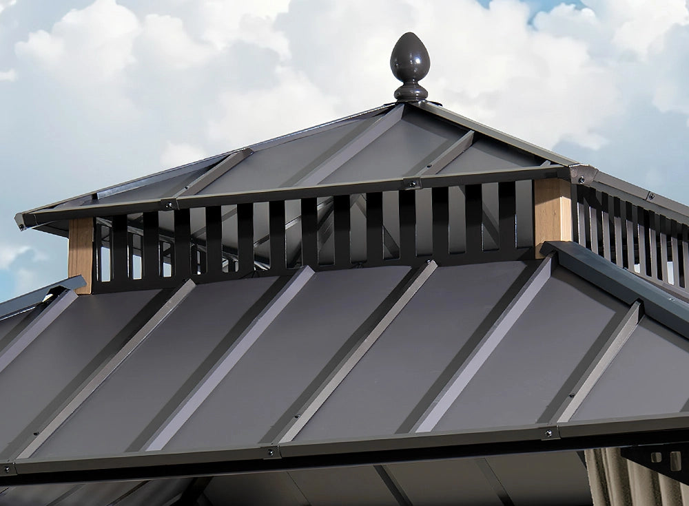 SUNJOY Kingston 10x10 Gazebo with Netting & Curtain | Steel Roof - Woodgrain Aluminum Posts