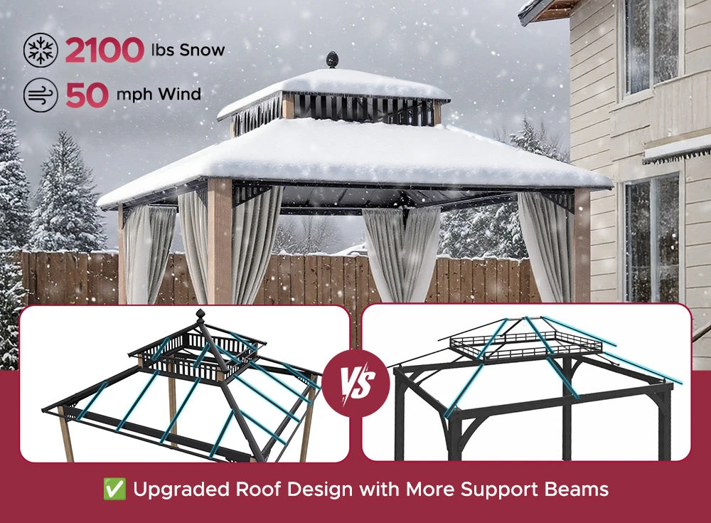 SUNJOY Kingston 10x10 Gazebo with Netting & Curtain | Steel Roof - Woodgrain Aluminum Posts