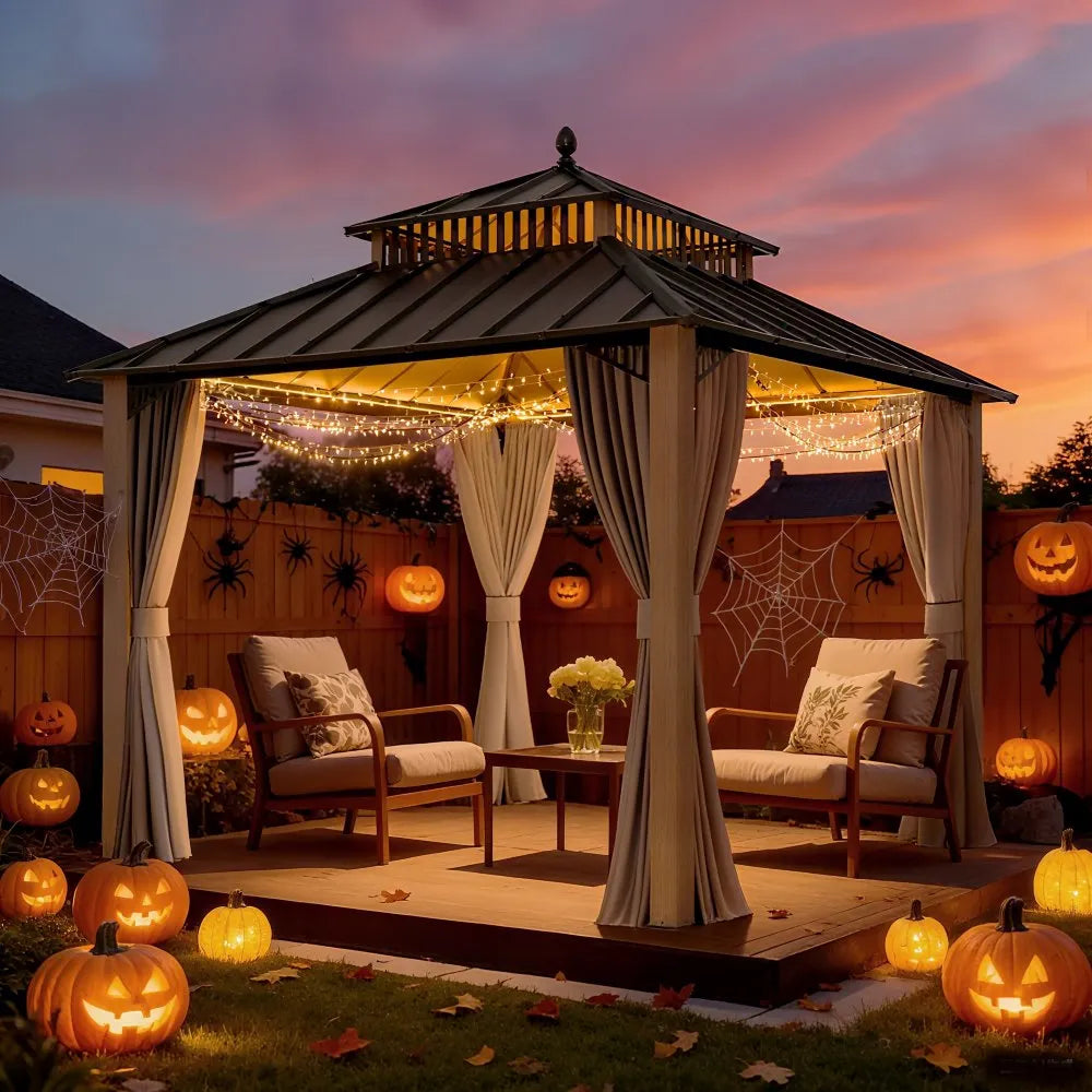 Gazebo decorated for Halloween with string lights, pumpkins, and spider webs.