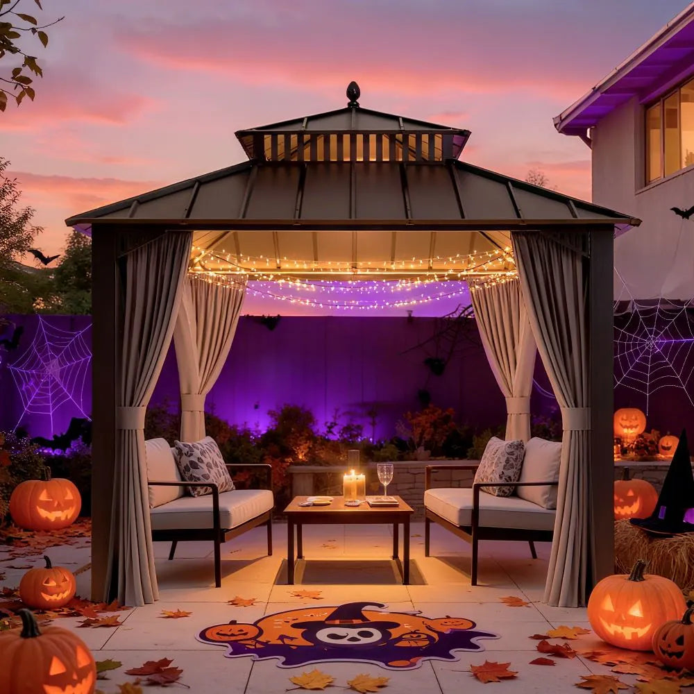 Halloween-themed outdoor gazebo with decorations and pumpkins at dusk.