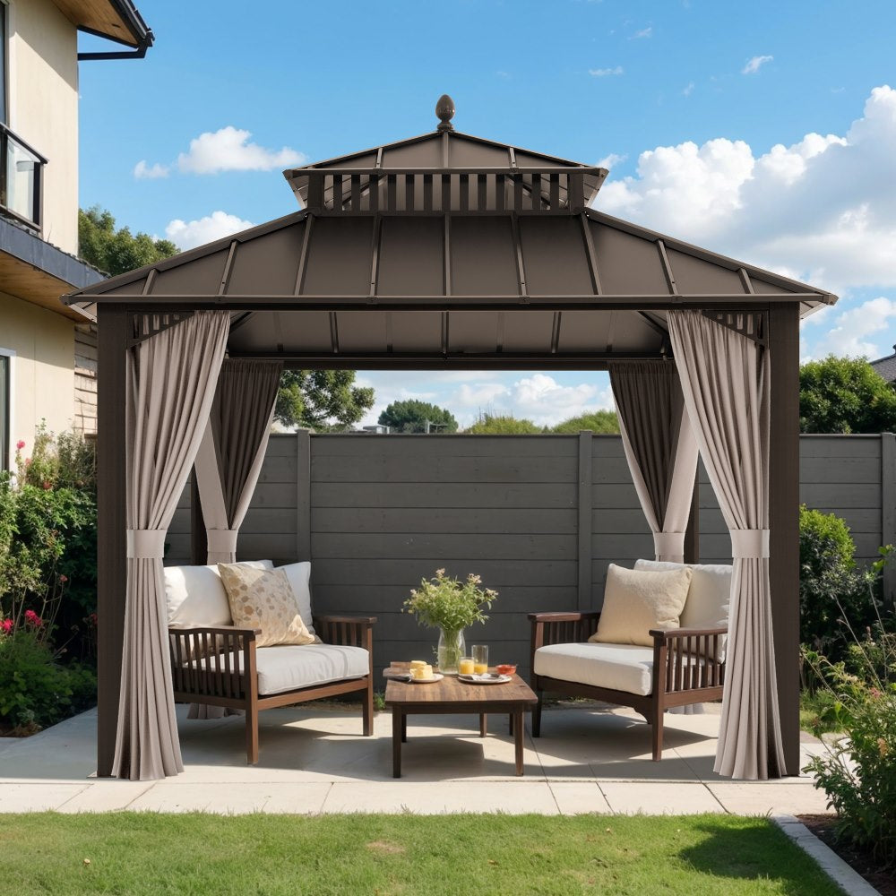 SUNJOY Kingston 10x10 Gazebo with Netting & Curtain | Steel Roof - Brown Aluminum Posts