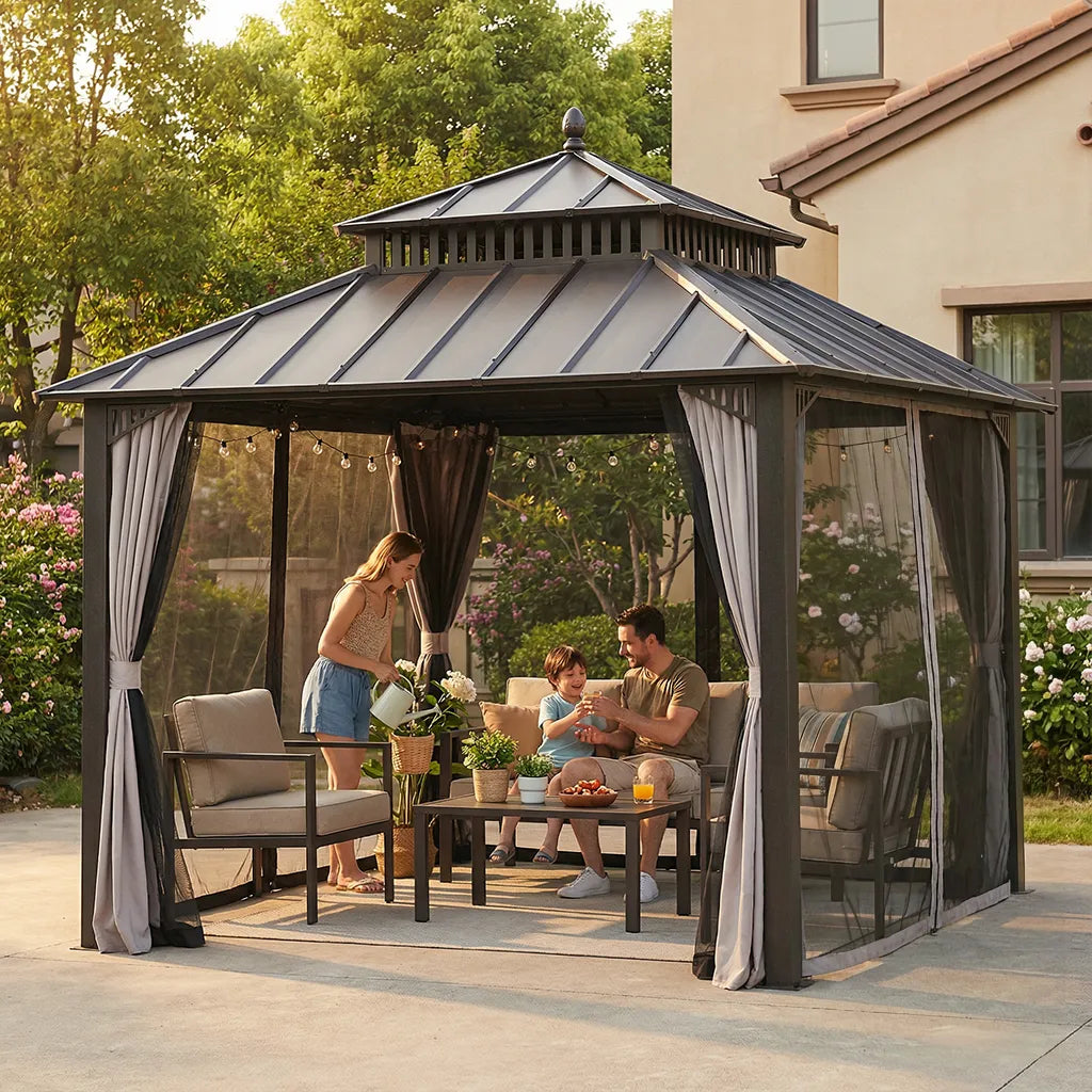 SUNJOY Kingston 10x10 Gazebo with Netting & Curtain | Steel Roof with Extra-Tall & Oversized Vent Top - Brown Aluminum Posts