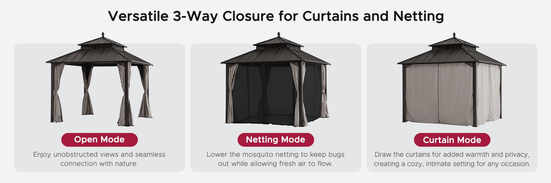 SUNJOY Kingston 10x10 Gazebo with Netting & Curtain | Steel Roof - Brown Aluminum Posts