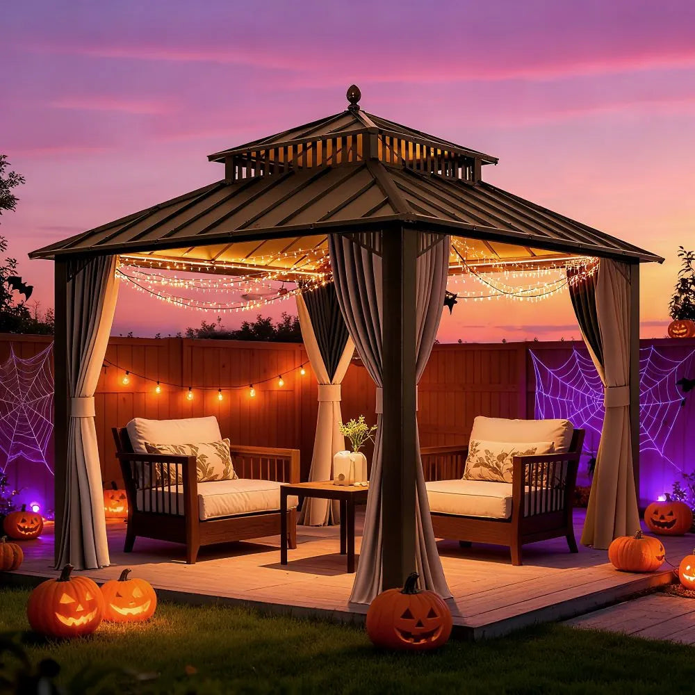 Gazebo decorated for Halloween with pumpkins and string lights against a purple sky.