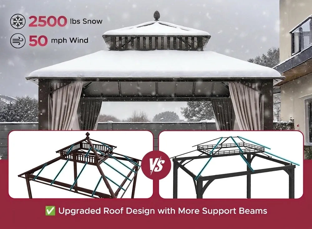 SUNJOY Kingston 10x10 Gazebo with Netting & Curtain | Steel Roof with Extra-Tall & Oversized Vent Top - Brown Aluminum Posts