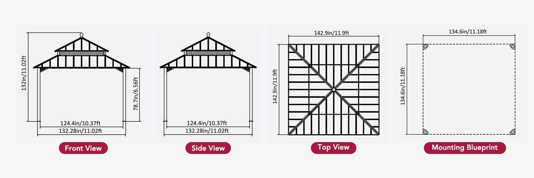 SUNJOY Kingston 12x12 Gazebo with Netting & Curtain | Steel Roof - Woodgrain Aluminum Posts