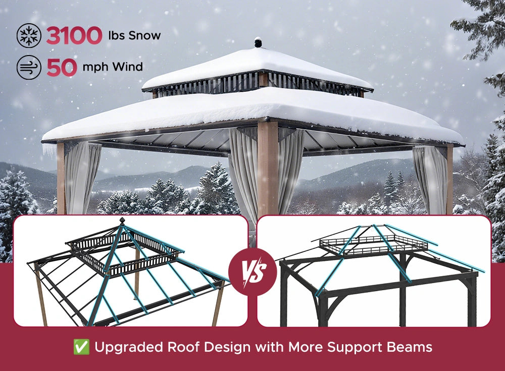 SUNJOY Kingston 12x12 Gazebo with Netting & Curtain | Steel Roof - Woodgrain Aluminum Posts