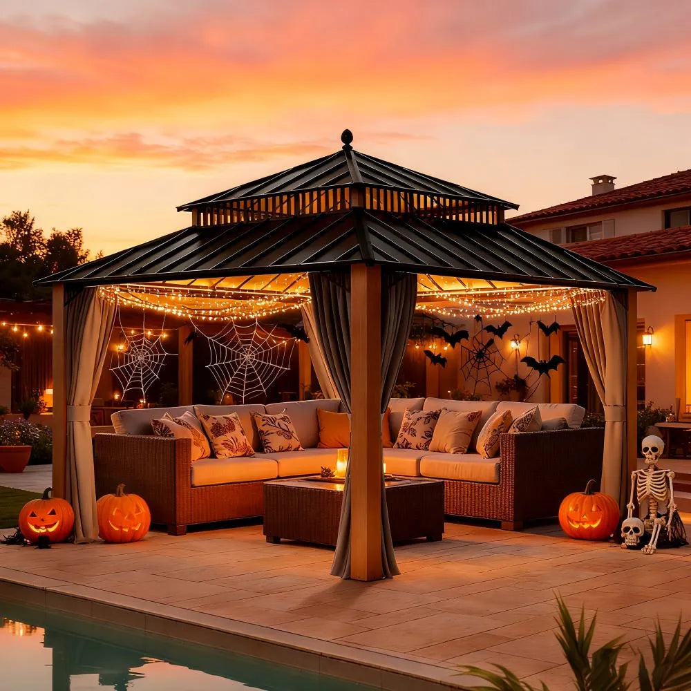 Outdoor gazebo with Halloween decorations by a pool at sunset