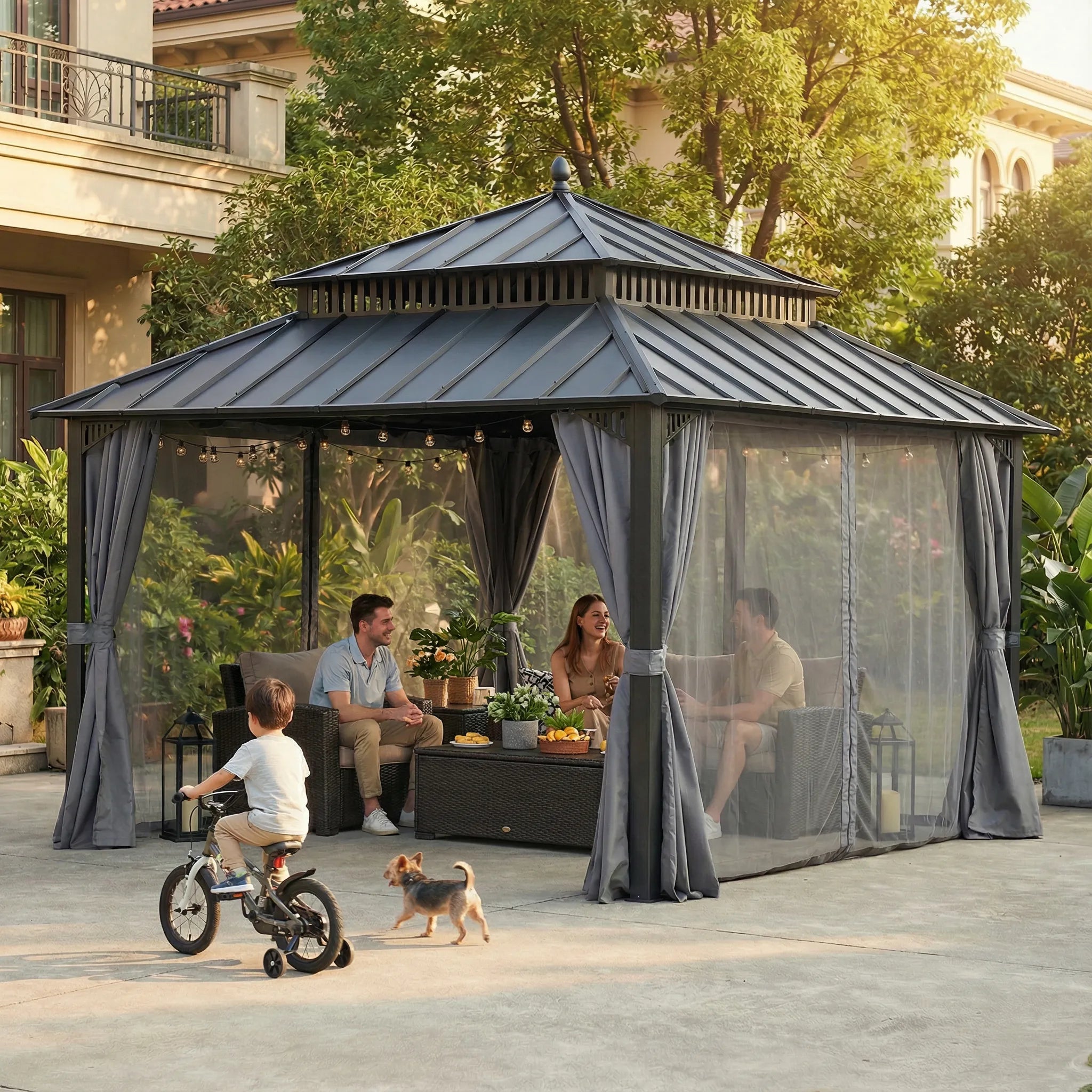 Backyard 12x12 Hardtop Gazebo Kits​ with Curtains & Net | SUNJOY