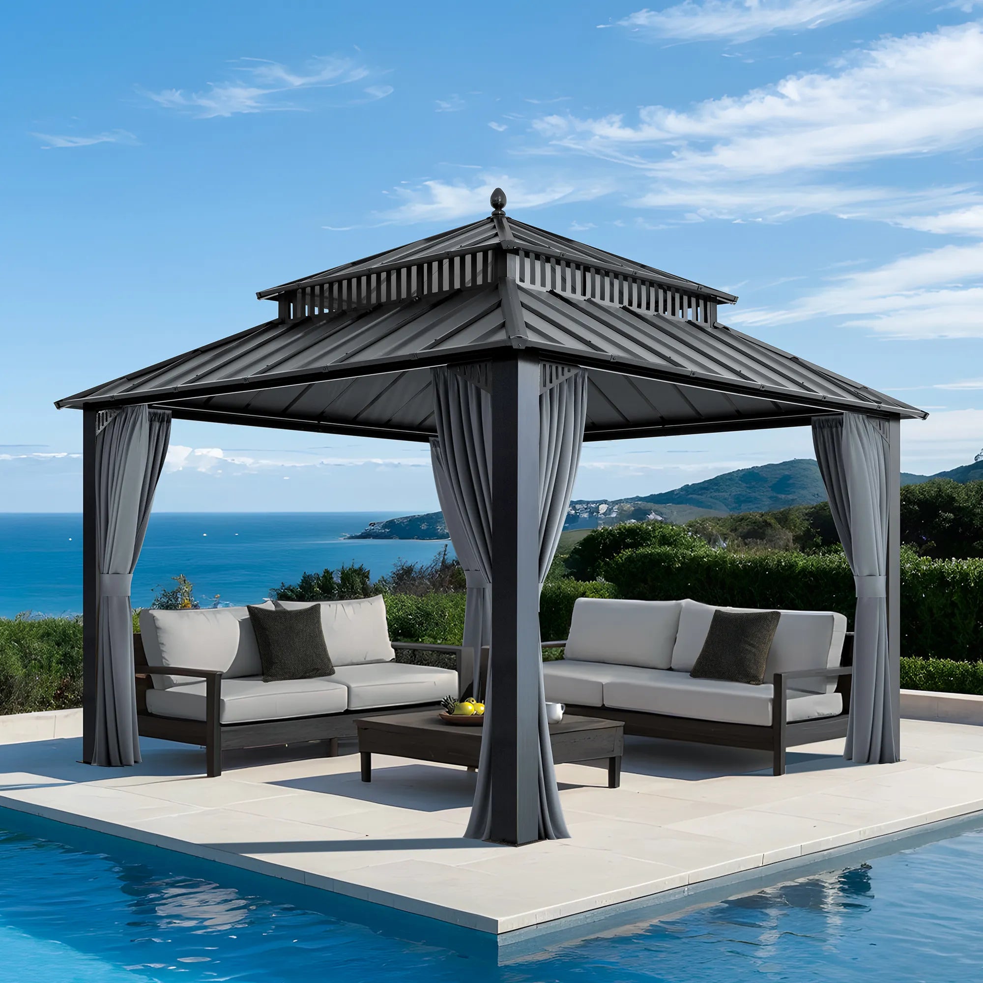 SUNJOY Kingston 12x12 Gazebo with Netting & Curtain | Steel Roof - Gray Aluminum Posts