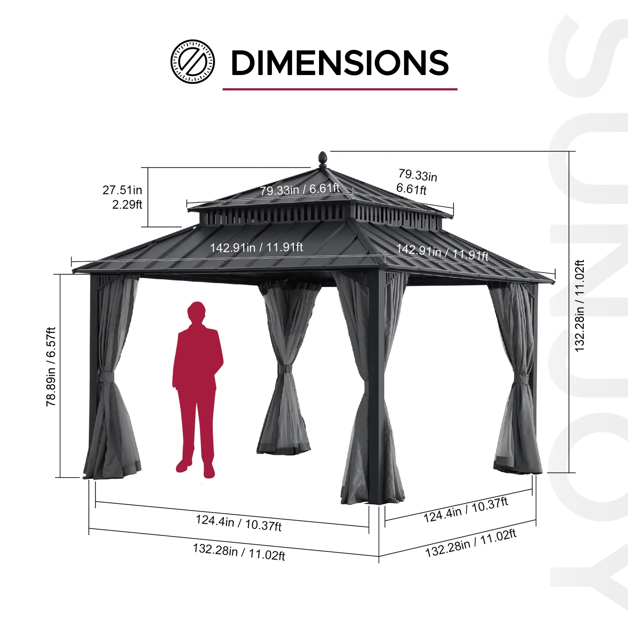 SUNJOY Kingston 12x12 Gazebo with Netting & Curtain | Steel Roof - Gray Aluminum Posts