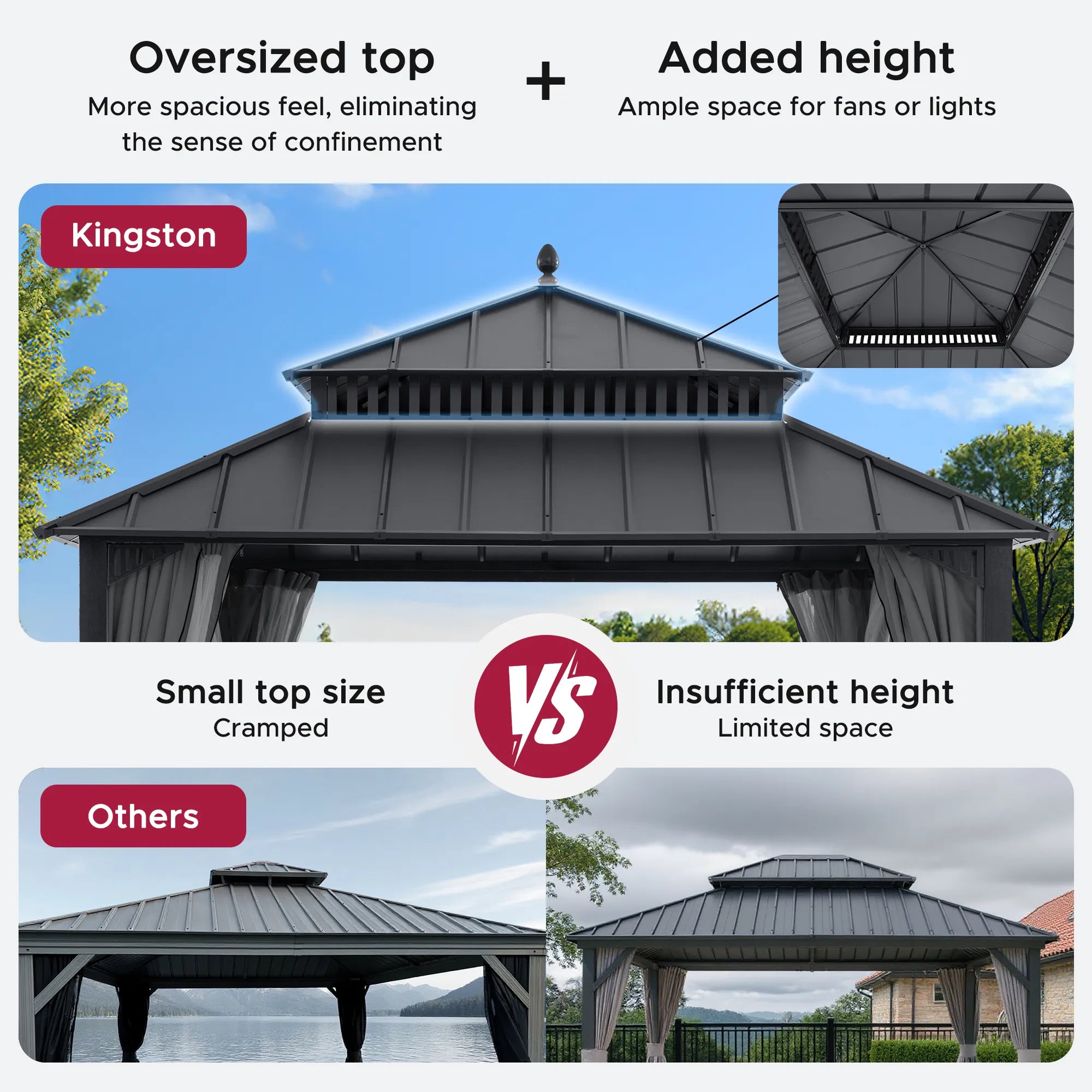 SUNJOY Kingston 12x12 Gazebo with Netting & Curtain | Steel Roof - Gray Aluminum Posts