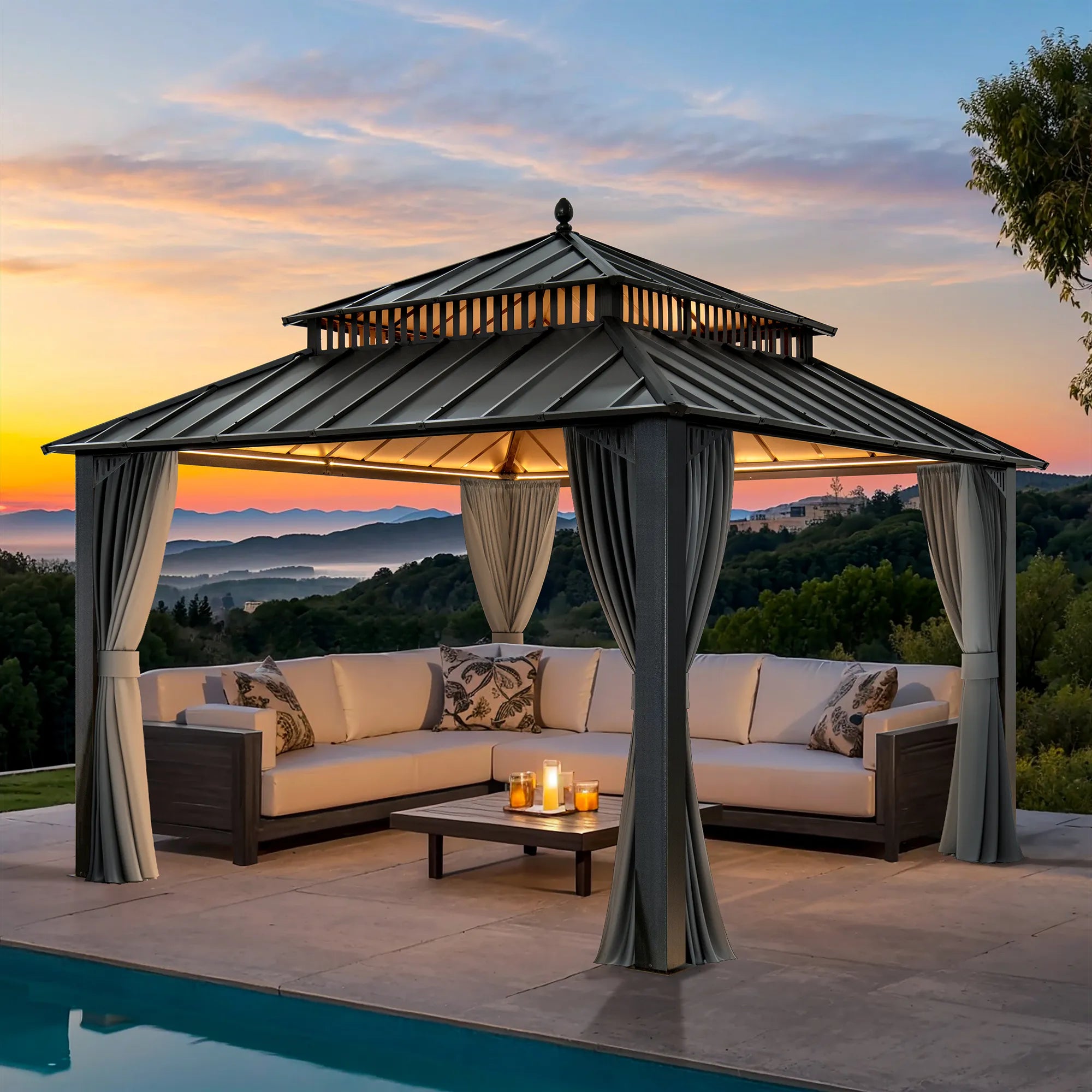 SUNJOY Kingston 12x12 Gazebo with Netting & Curtain | Steel Roof - Gray Aluminum Posts