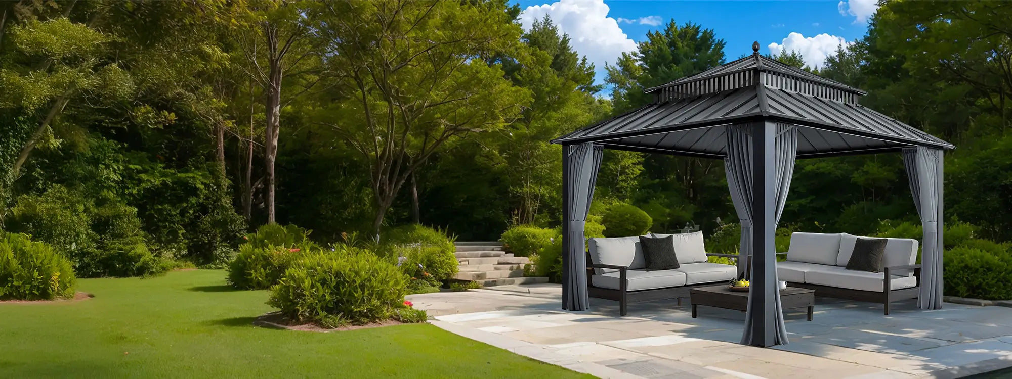 SUNJOY Kingston 12x12 Gazebo with Netting & Curtain | Steel Roof - Gray Aluminum Posts