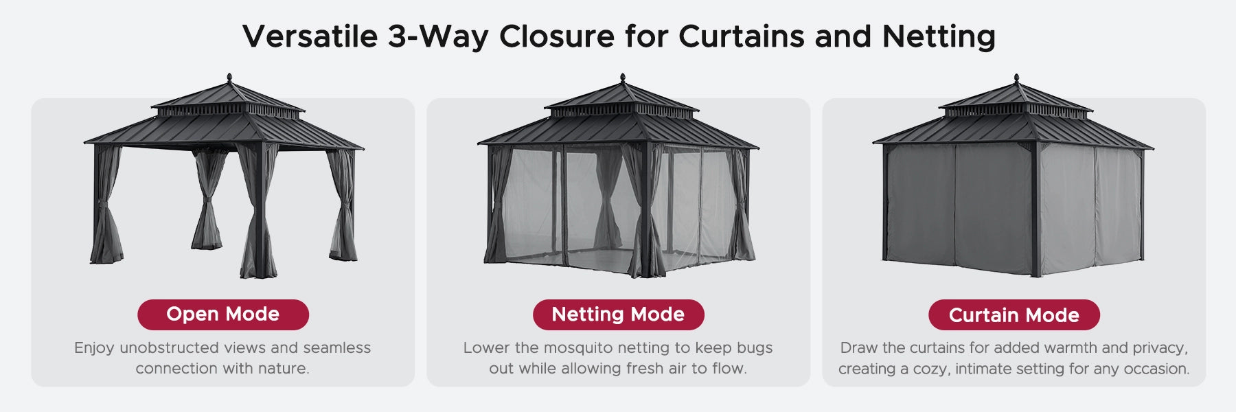 SUNJOY Kingston 12x12 Gazebo with Netting & Curtain | Steel Roof - Gray Aluminum Posts