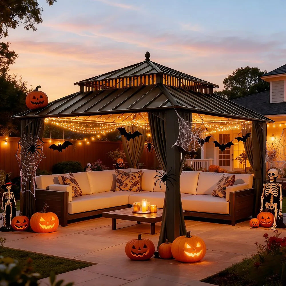 Outdoor gazebo decorated for Halloween with pumpkins, spider webs, and skeletons.