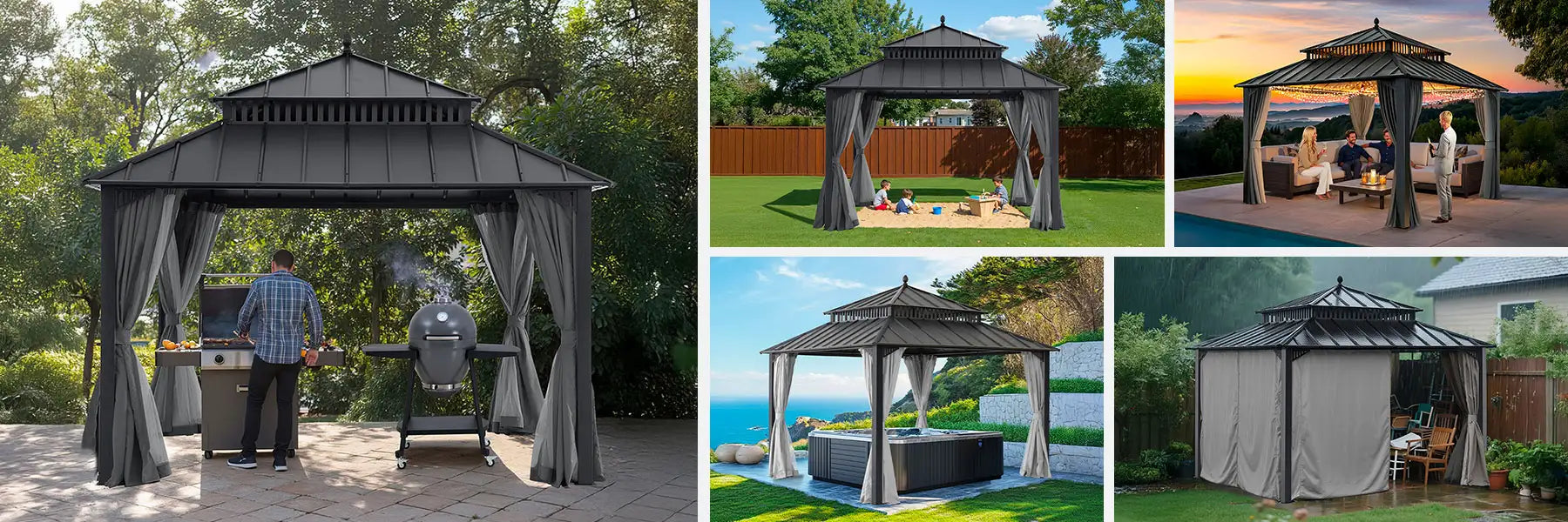 SUNJOY Kingston 12x12 Gazebo with Netting & Curtain | Steel Roof - Gray Aluminum Posts