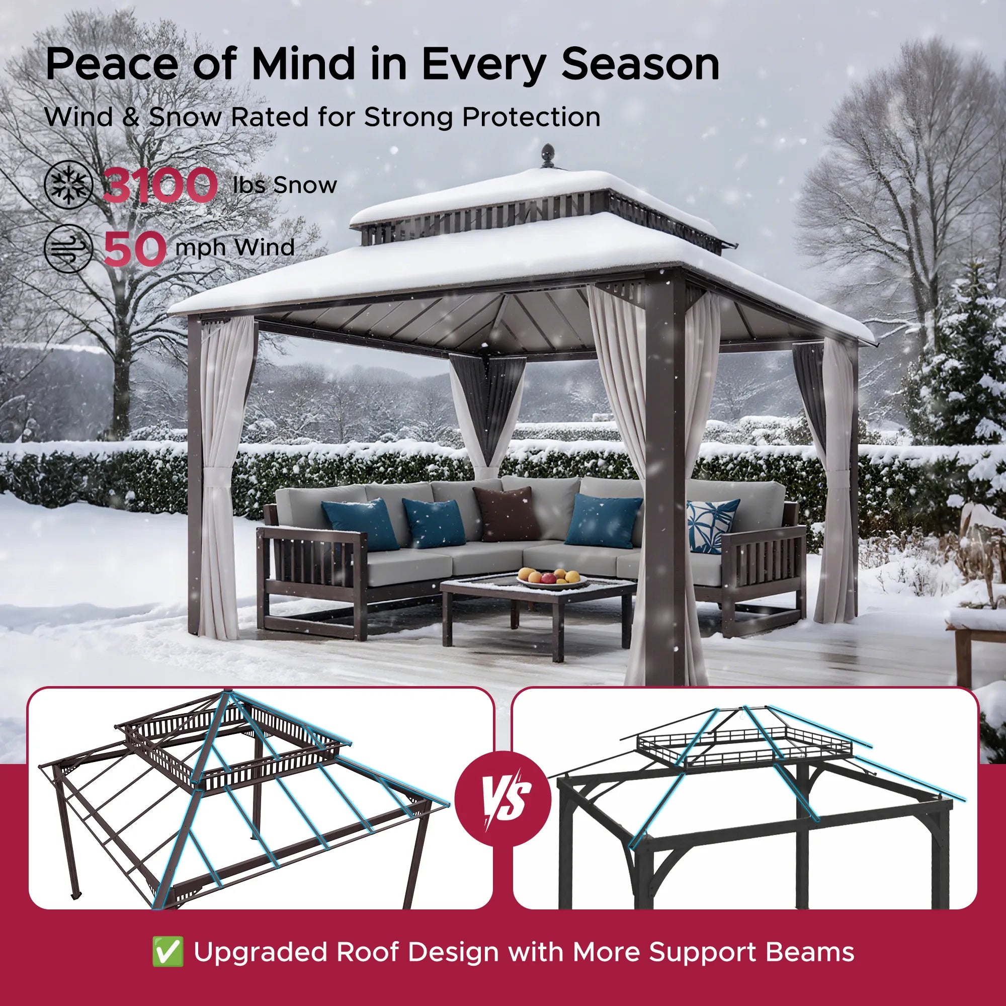 SUNJOY Kingston 12x12 Gazebo with Netting & Curtain | Steel Roof - Brown Aluminum Posts
