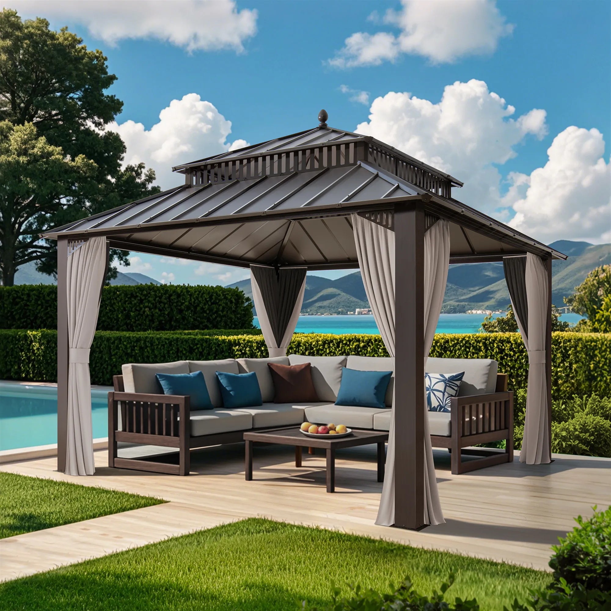 SUNJOY Kingston 12x12 Gazebo with Netting & Curtain | Steel Roof - Brown Aluminum Posts