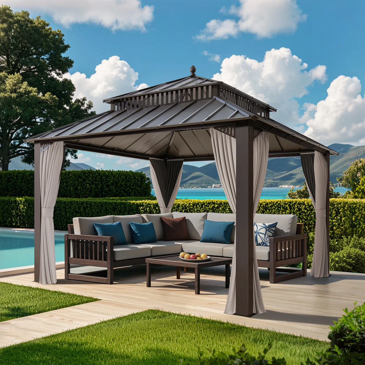 12x12 Brown Post Hardtop Gazebo with Netting & Curtains | SUNJOY