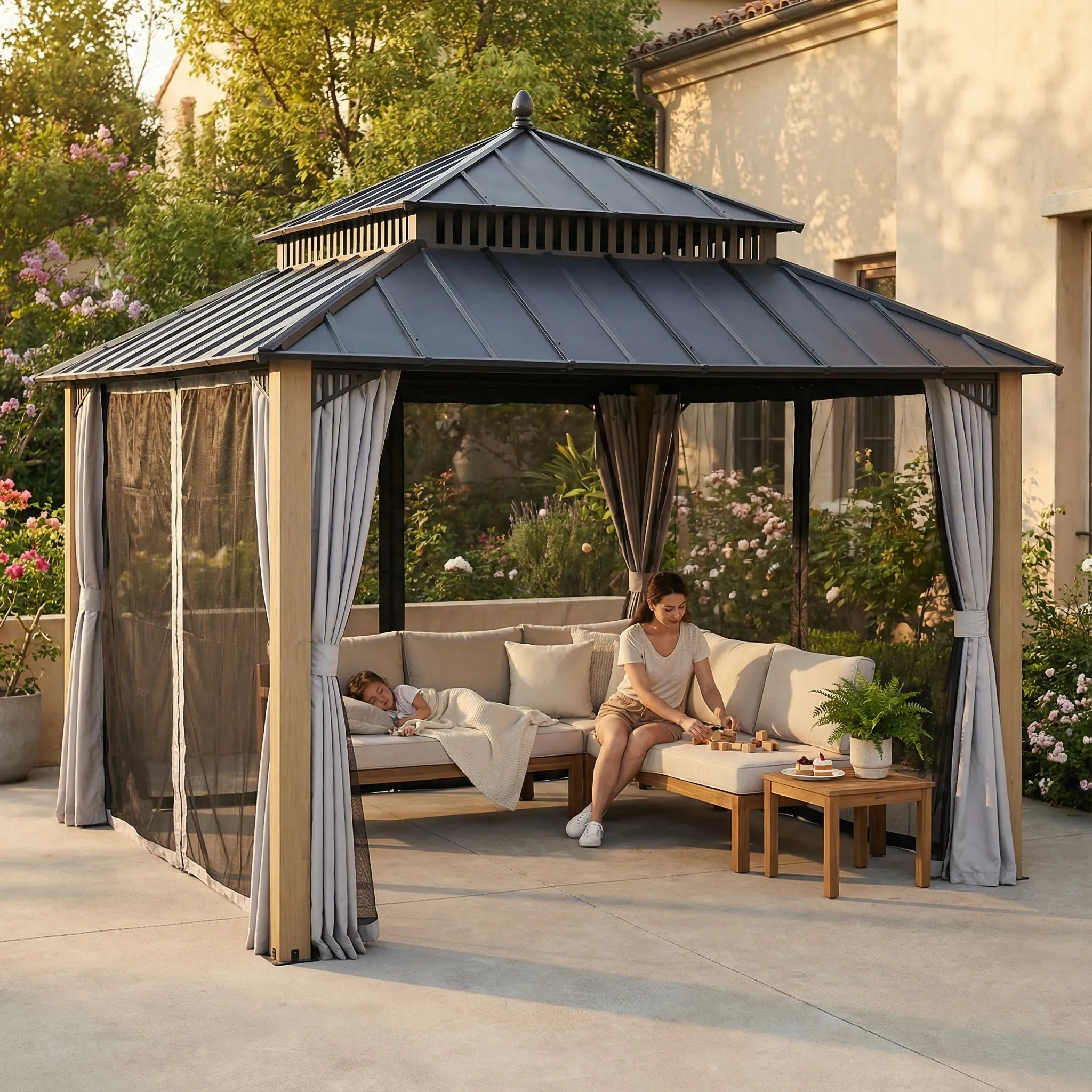 SUNJOY Kingston 12x12 Gazebo with Netting & Curtain | Steel Roof with Extra-Tall & Oversized Vent Top - Cedar Wood Posts