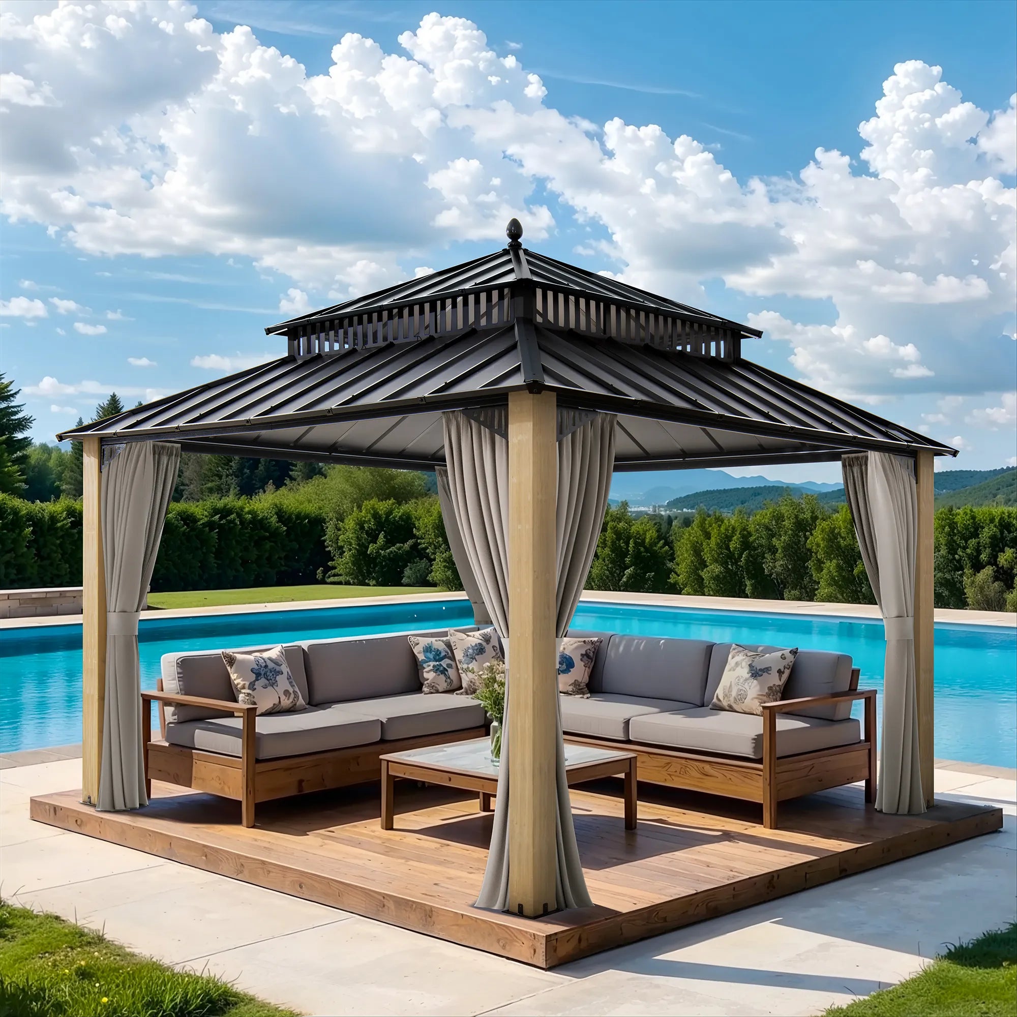 Gazebo 幻想のガゼボ 12インチレコード SUNJOY Kingston 12x12 Steel Hardtop Gazebo with Netting & Curtains