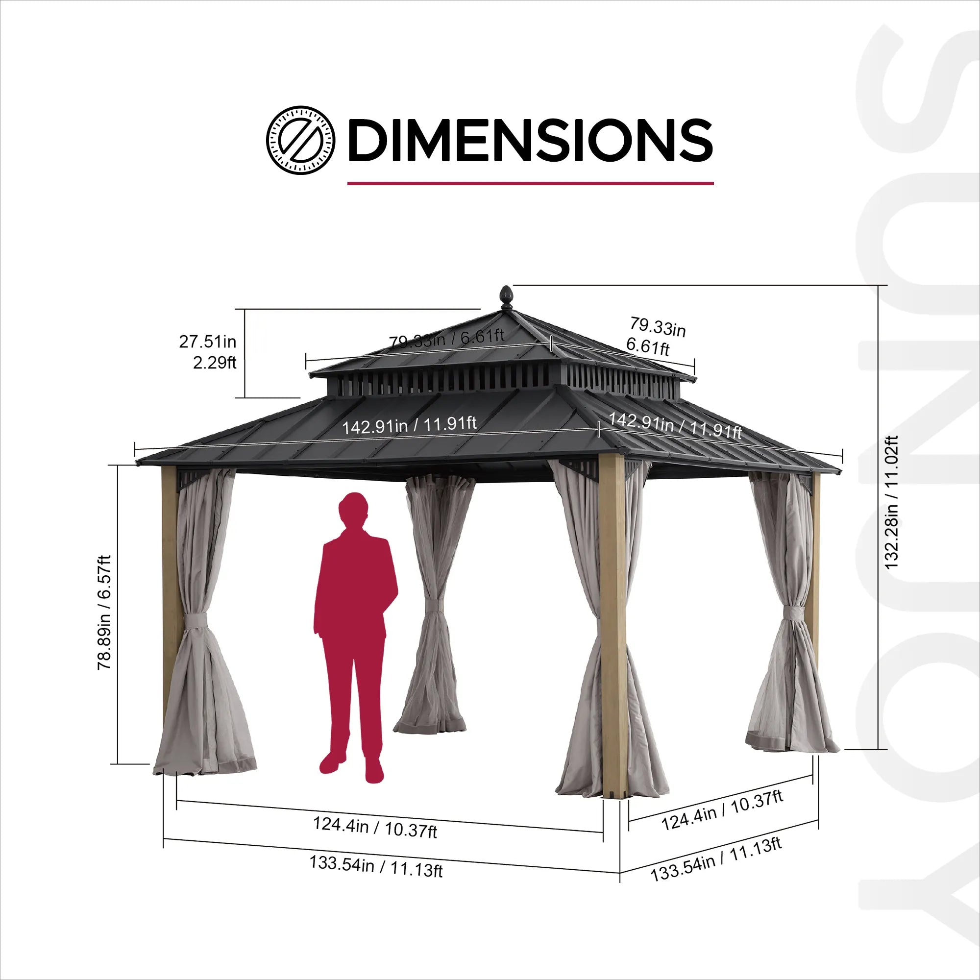 SUNJOY Kingston 12x12 Gazebo with Netting & Curtain | Steel Roof with Extra-Tall & Oversized Vent Top - Cedar Wood Posts 