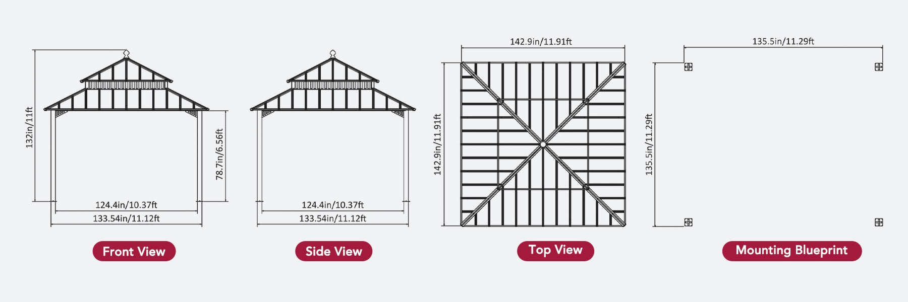 SUNJOY Kingston 12x12 Gazebo with Netting & Curtain | Steel Roof with Extra-Tall & Oversized Vent Top - Cedar Wood Posts 