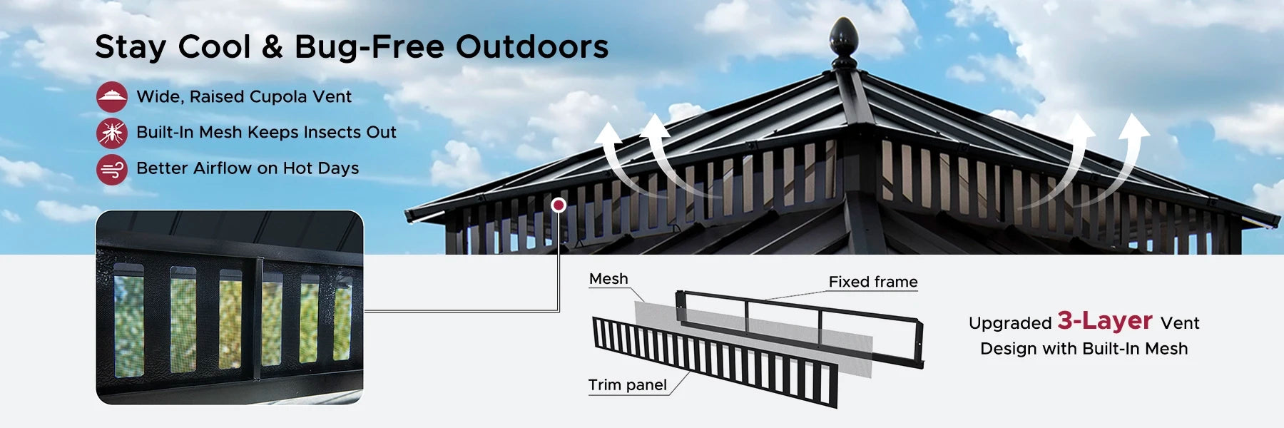 SUNJOY Kingston 12x12 Gazebo with Netting & Curtain | Steel Roof with Extra-Tall & Oversized Vent Top - Cedar Wood Posts 