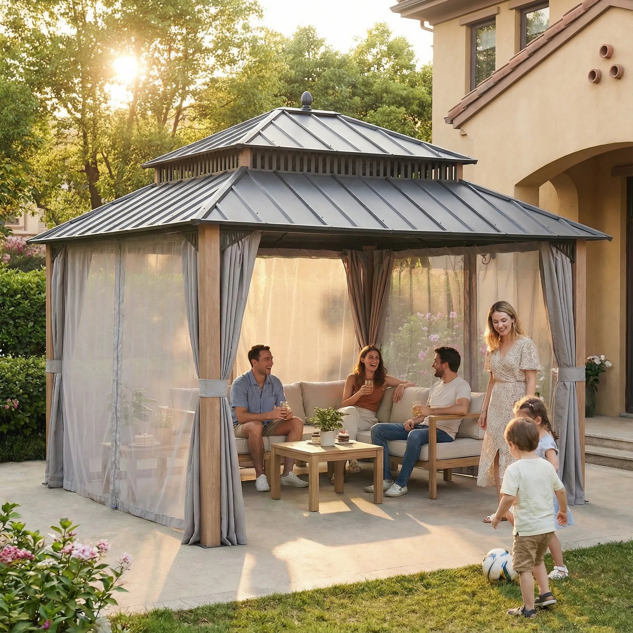 SUNJOY Kingston 12x14 Gazebo with Netting & Curtain | Steel Roof with Extra-Tall & Oversized Vent Top - Woodgrain Aluminum Posts