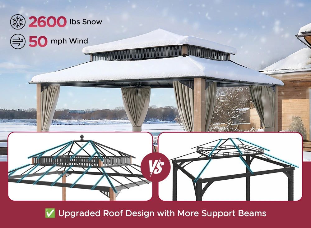 SUNJOY Kingston 12x14 Gazebo with Netting & Curtain | Steel Roof - Woodgrain Aluminum Posts