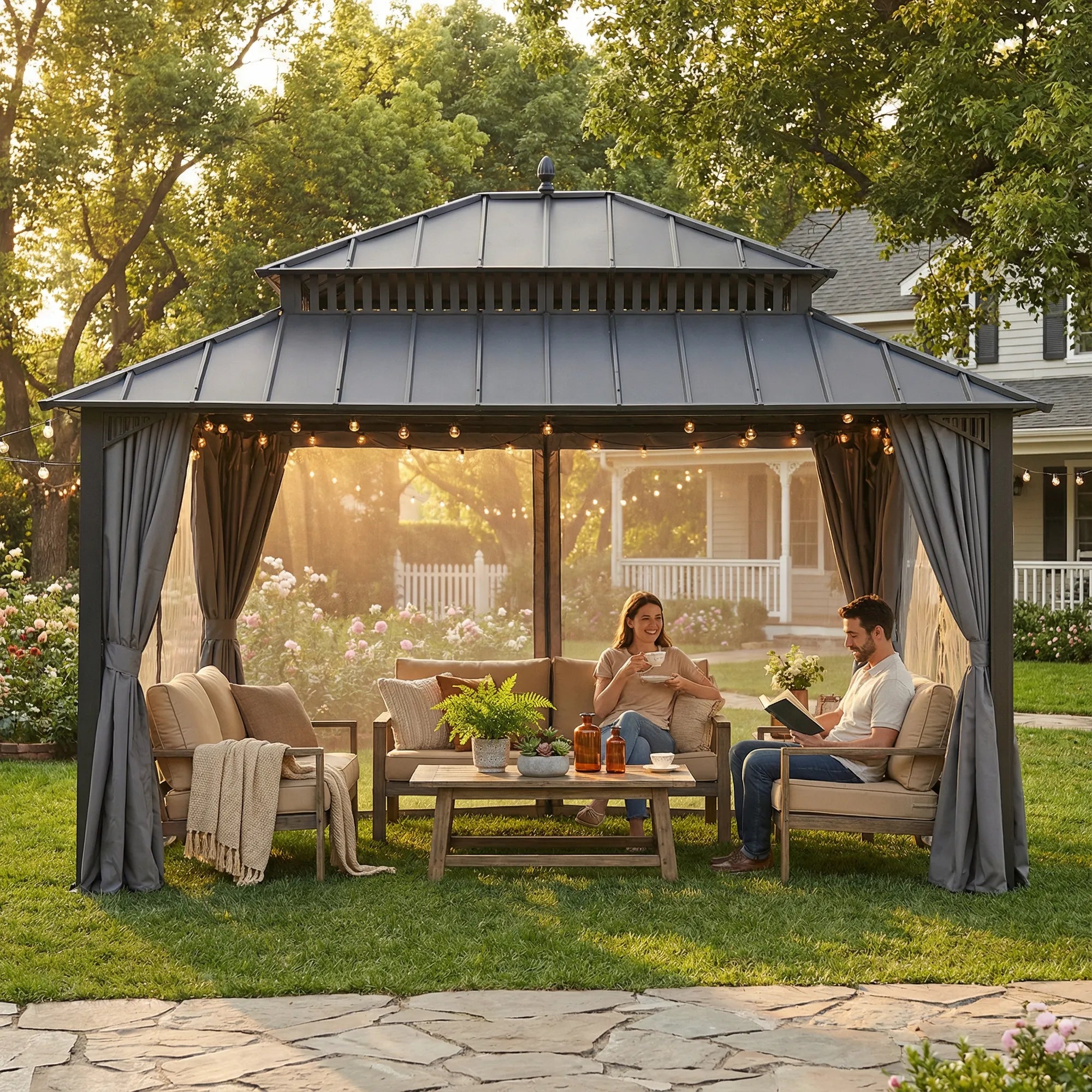 SUNJOY Kingston 12x14 Gazebo with Netting & Curtain | Steel Roof with Extra-Tall & Oversized Vent Top - Gray Aluminum Posts