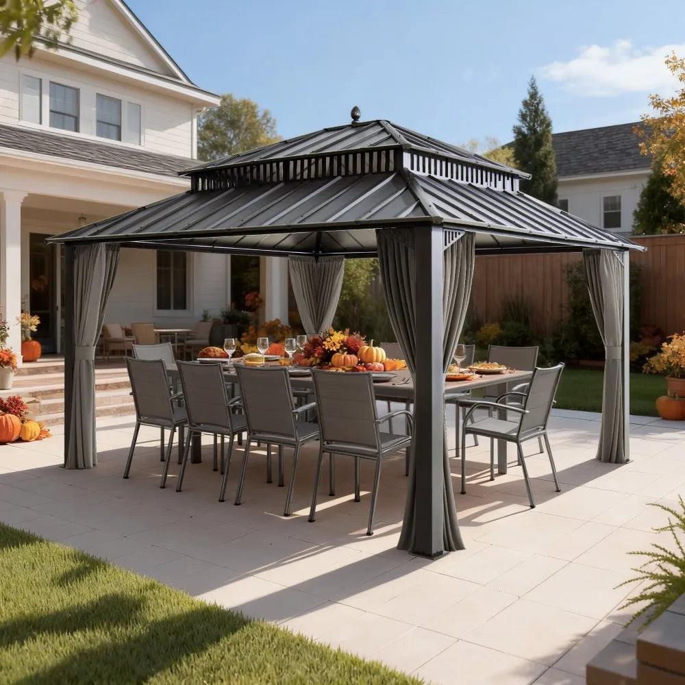 Outdoor gazebo with a dining table and chairs on a patio