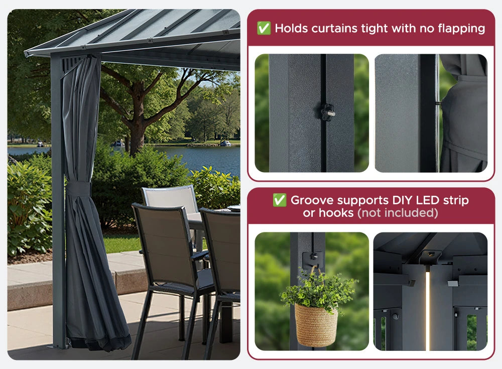 SUNJOY Kingston 12x14 Gazebo with Netting & Curtain | Steel Roof - Gray Aluminum Posts