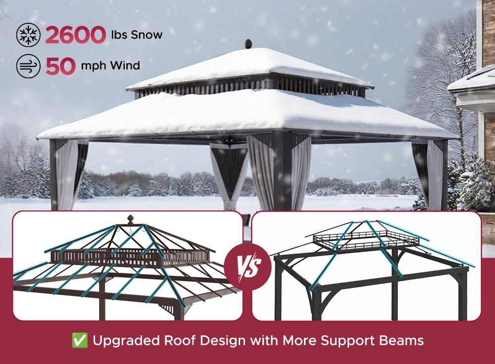 SUNJOY Kingston 12x14 Gazebo with Netting & Curtain | Steel Roof - Brown Aluminum Posts