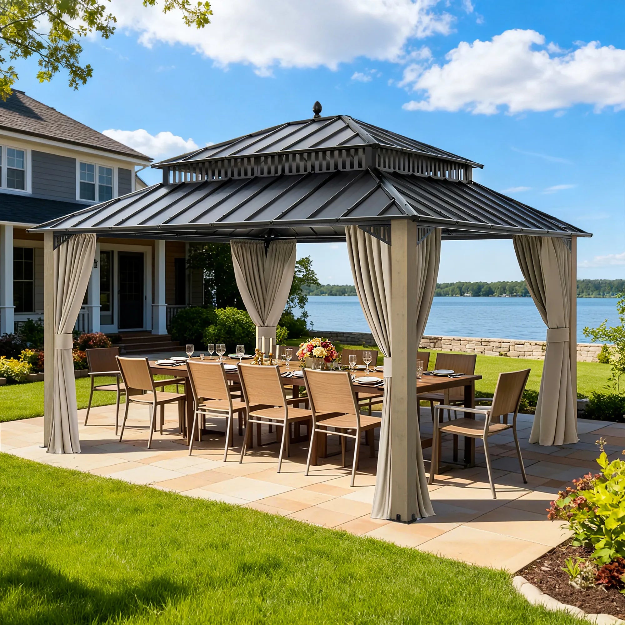 SUNJOY Kingston 12x14 Gazebo with Netting & Curtain | Steel Roof with Extra-Tall & Oversized Vent Top - Cedar Wood Posts 