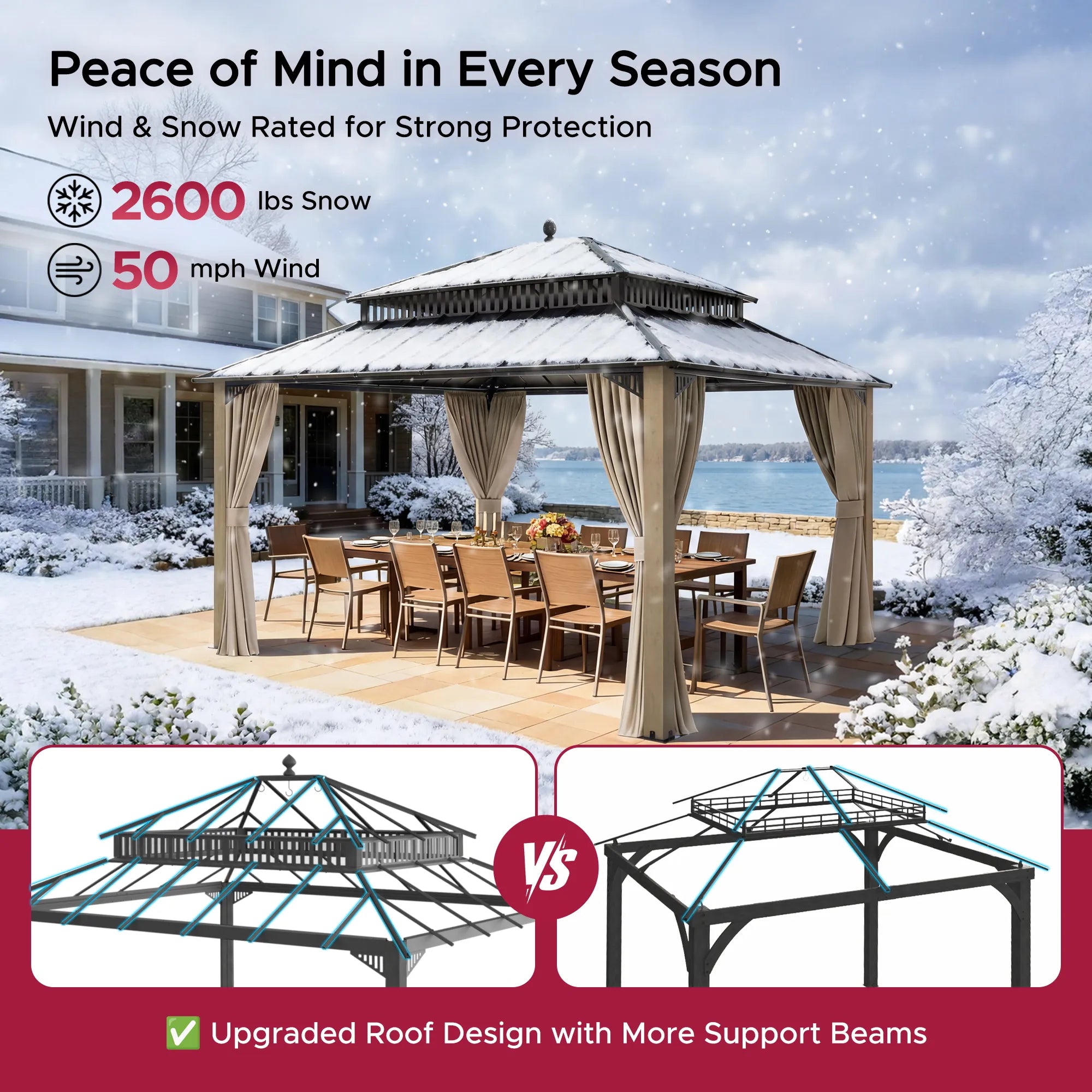 SUNJOY Kingston 12x14 Gazebo with Netting & Curtain | Steel Roof with Extra-Tall & Oversized Vent Top - Cedar Wood Posts 