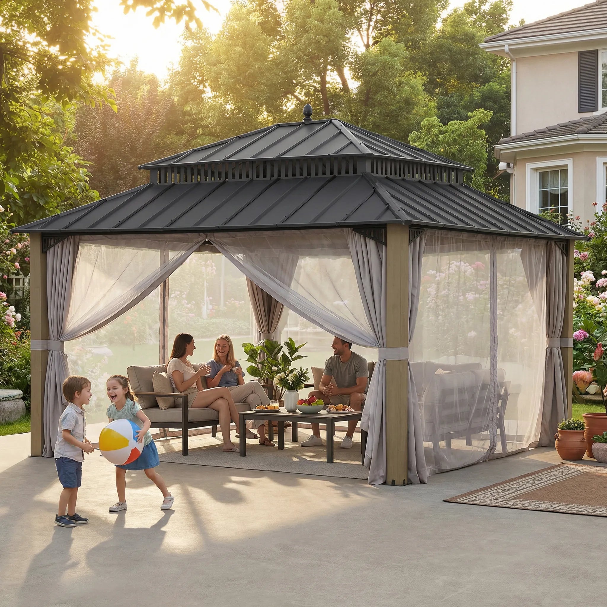 SUNJOY Kingston 12x14 Gazebo with Netting & Curtain | Steel Roof with Extra-Tall & Oversized Vent Top - Cedar Wood Posts