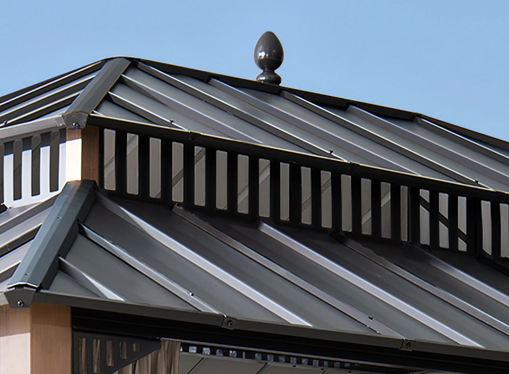 SUNJOY Kingston 12x16 Gazebo with Netting & Curtain | Steel Roof - Woodgrain Aluminum Posts