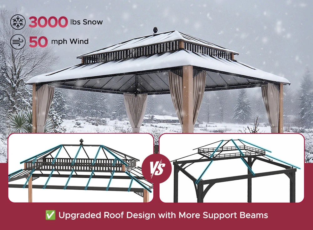 SUNJOY Kingston 12x16 Gazebo with Netting & Curtain | Steel Roof - Woodgrain Aluminum Posts