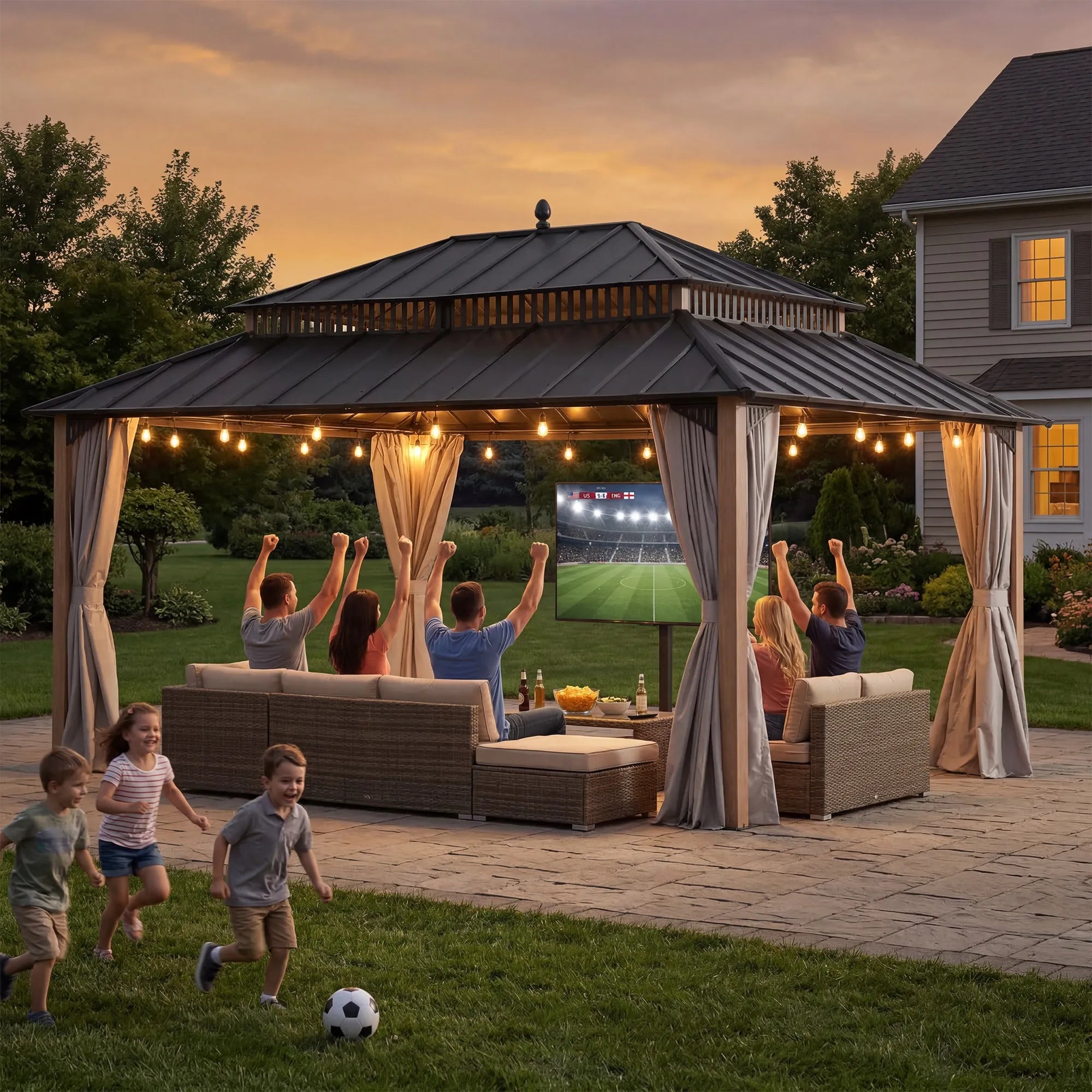 ギンコ 12x16 Hardtop Gazebo with Woodgrain Aluminum Posts - SUNJOY