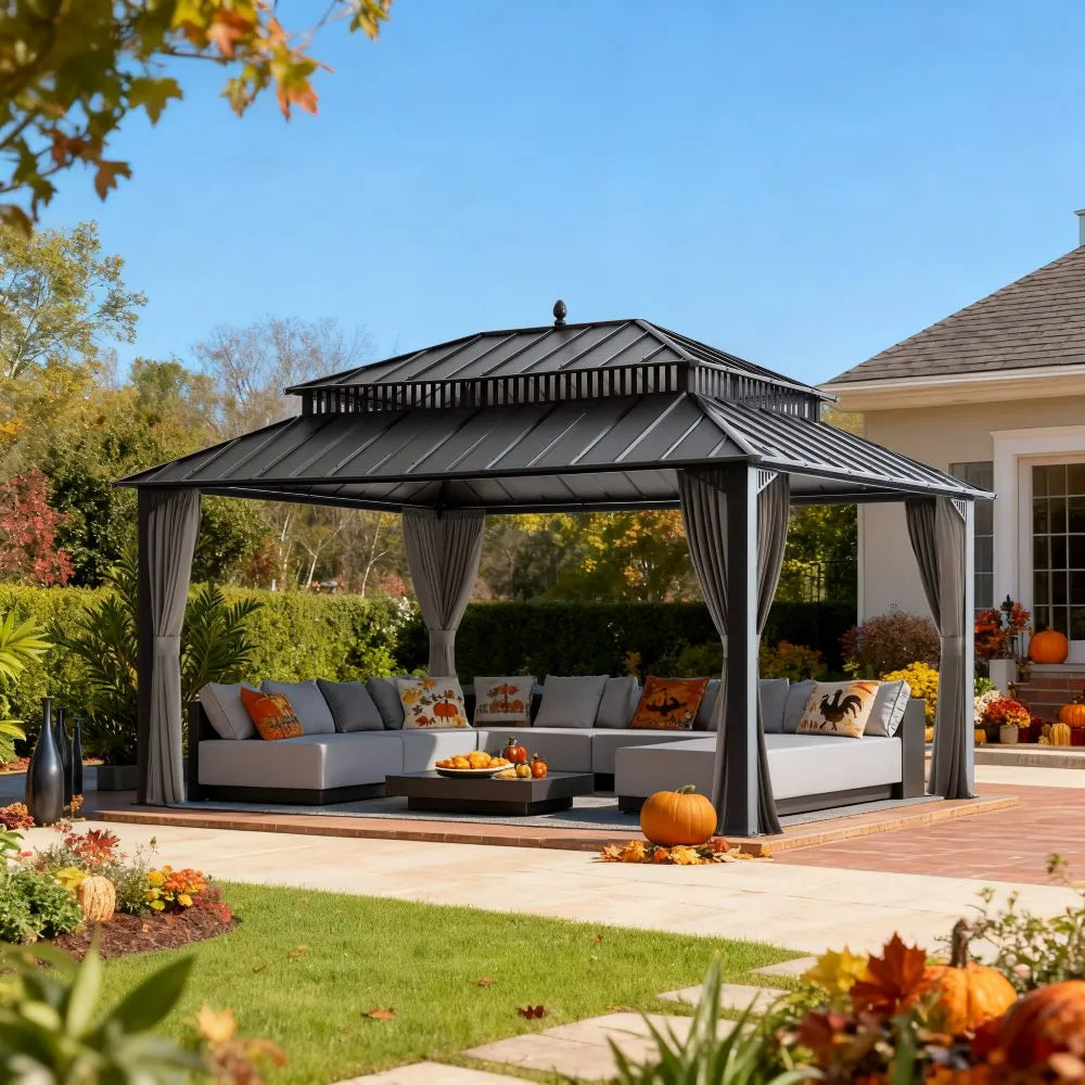Outdoor gazebo with seating area in a backyard setting with fall decorations.
