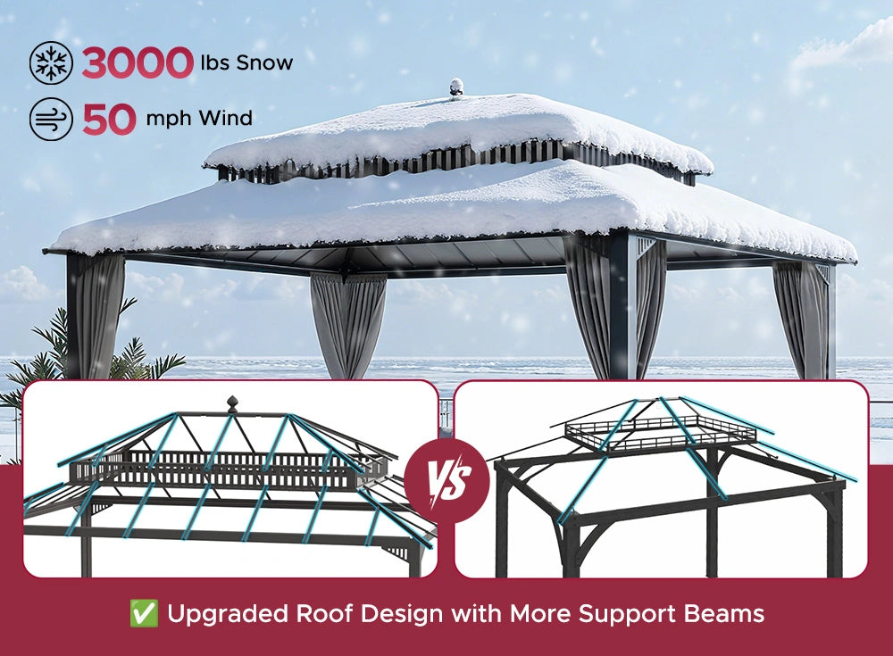 SUNJOY Kingston 12x16 Gazebo with Netting & Curtain | Steel Roof - Gray Aluminum Posts