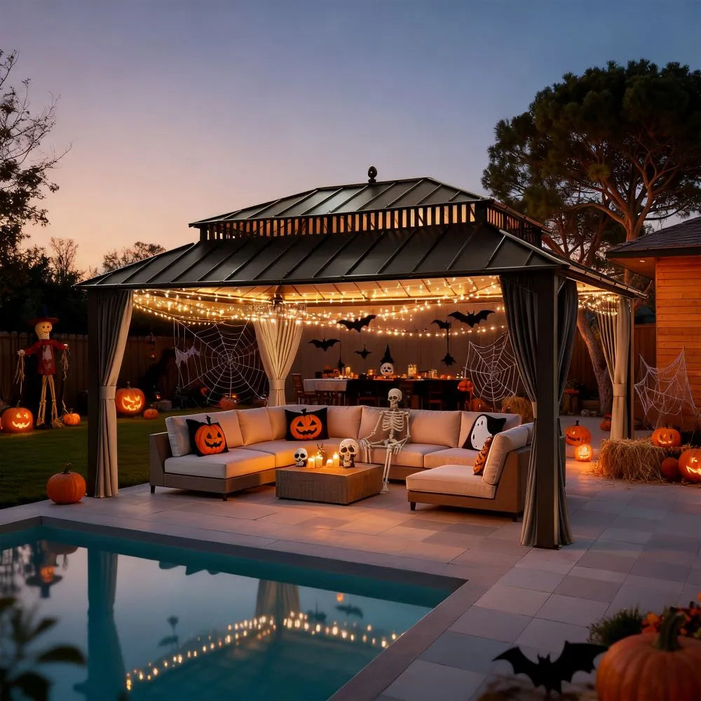 Outdoor patio with Halloween decorations by a pool at dusk