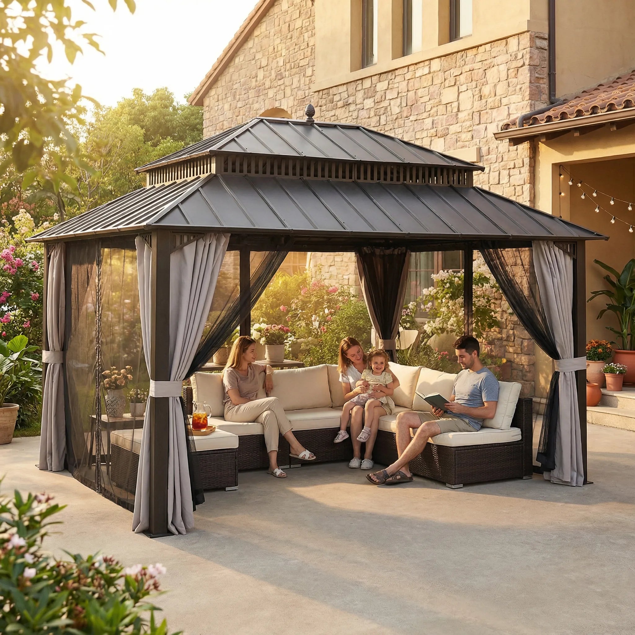 SUNJOY Kingston 12x16 Gazebo with Netting & Curtain | Steel Roof with Extra-Tall & Oversized Vent Top - Brown Aluminum Posts