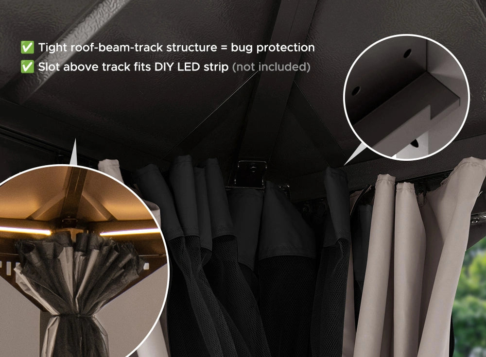 SUNJOY Kingston 12x16 Gazebo with Netting & Curtain | Steel Roof - Brown Aluminum Posts